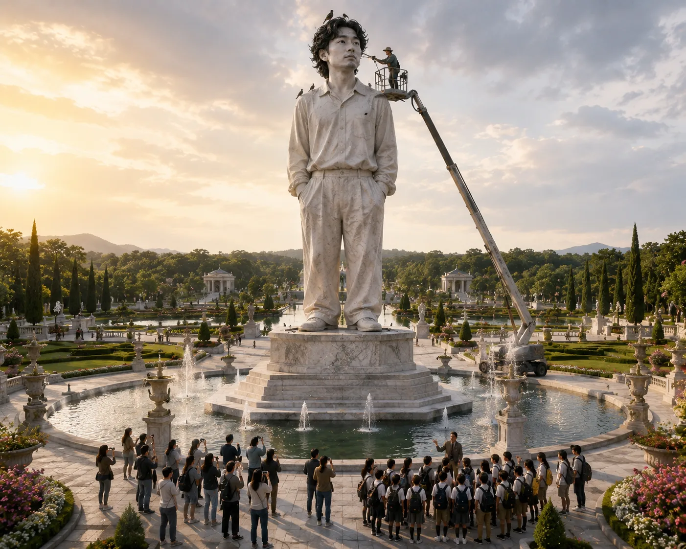 A colossal marble statue of Se Yong Park standing in a formal fountain garden