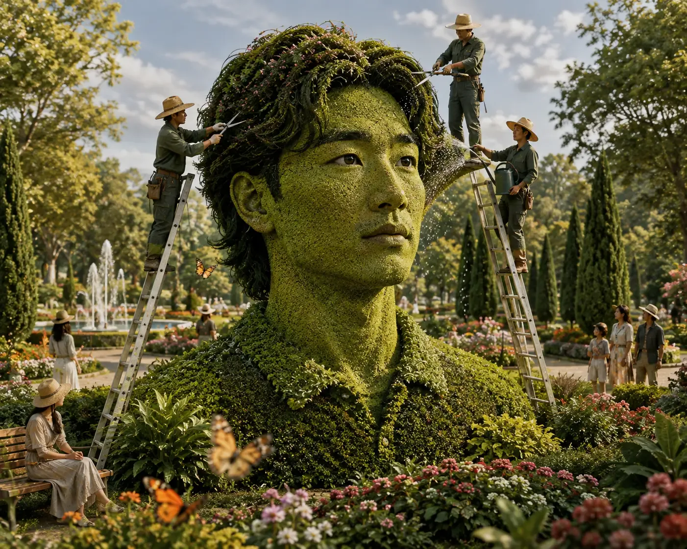 Gardeners on ladders trimming a giant Se Yong Park topiary bust