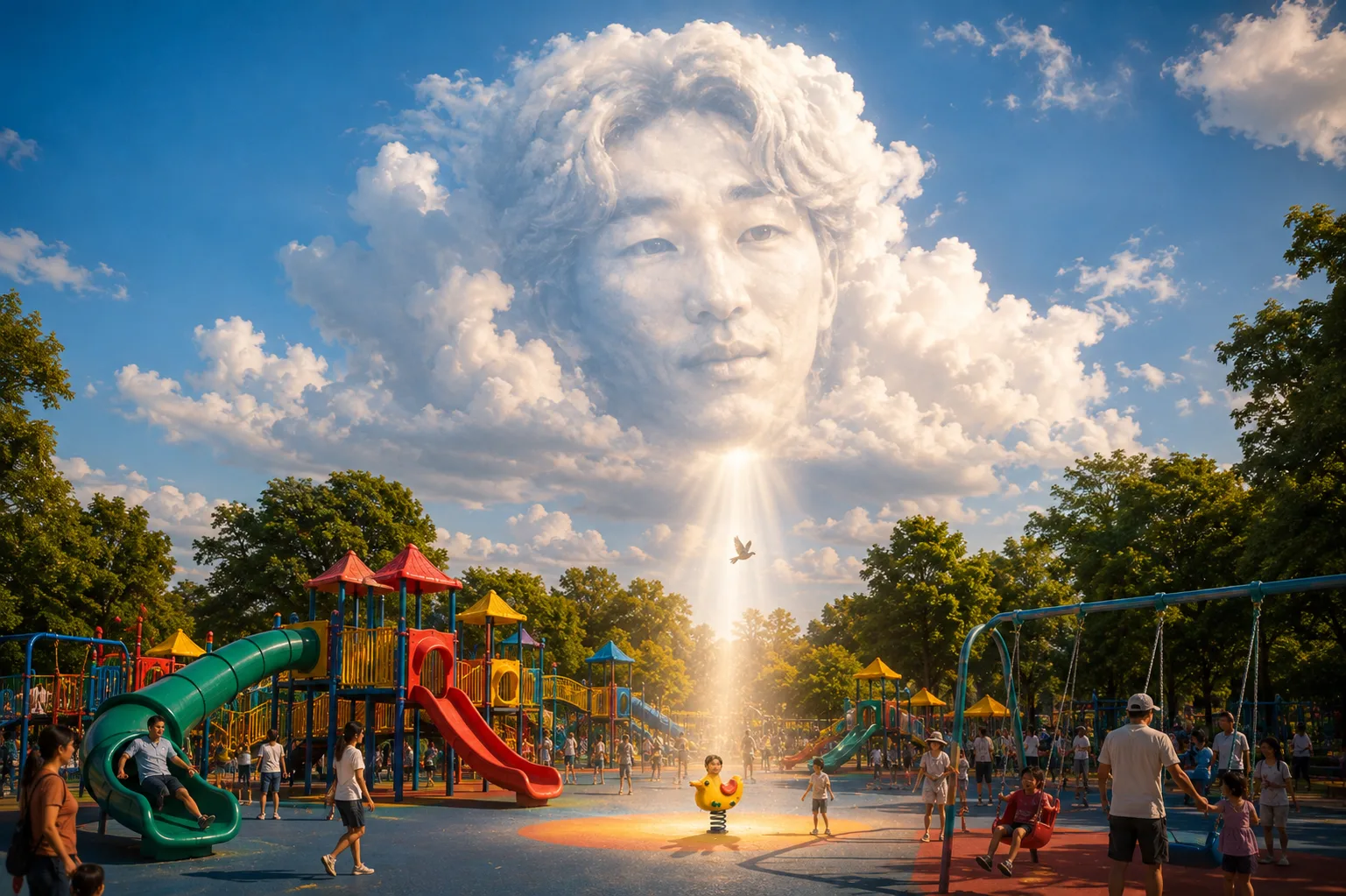 A cloud shaped like Se Yong Park's face floating above a busy playground