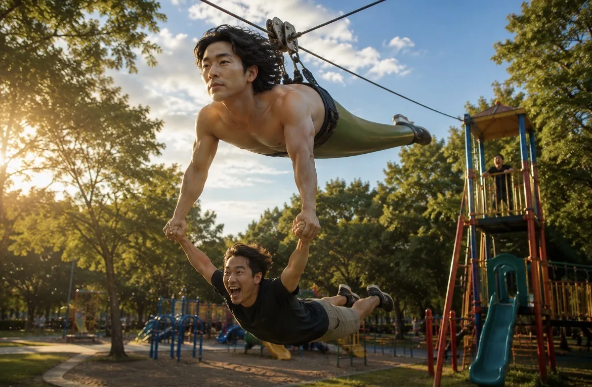 Se Yong Park stretched along a zipline carrying a rider below