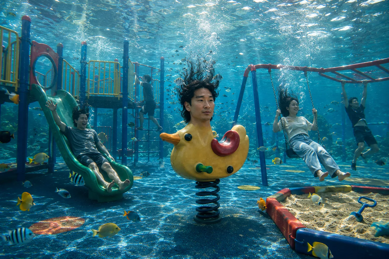 An underwater playground with a Se Yong Park duck rider surrounded by fish