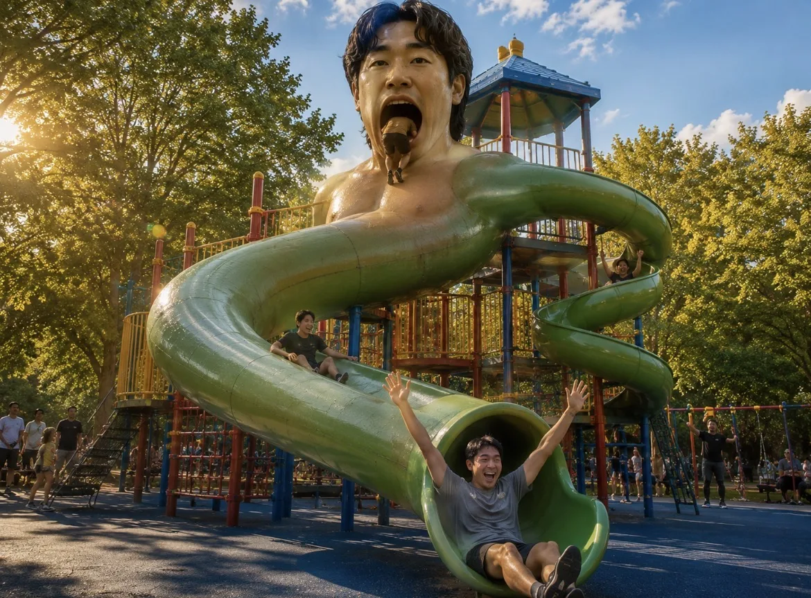 Green tube slide coming out of a giant Se Yong Park mouth