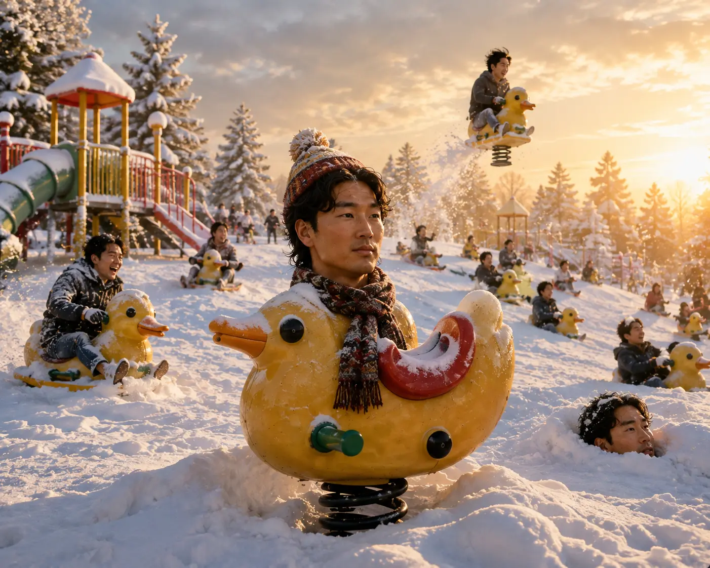 Snow-covered park full of Se Yong Park duck riders in scarves and bobble hats