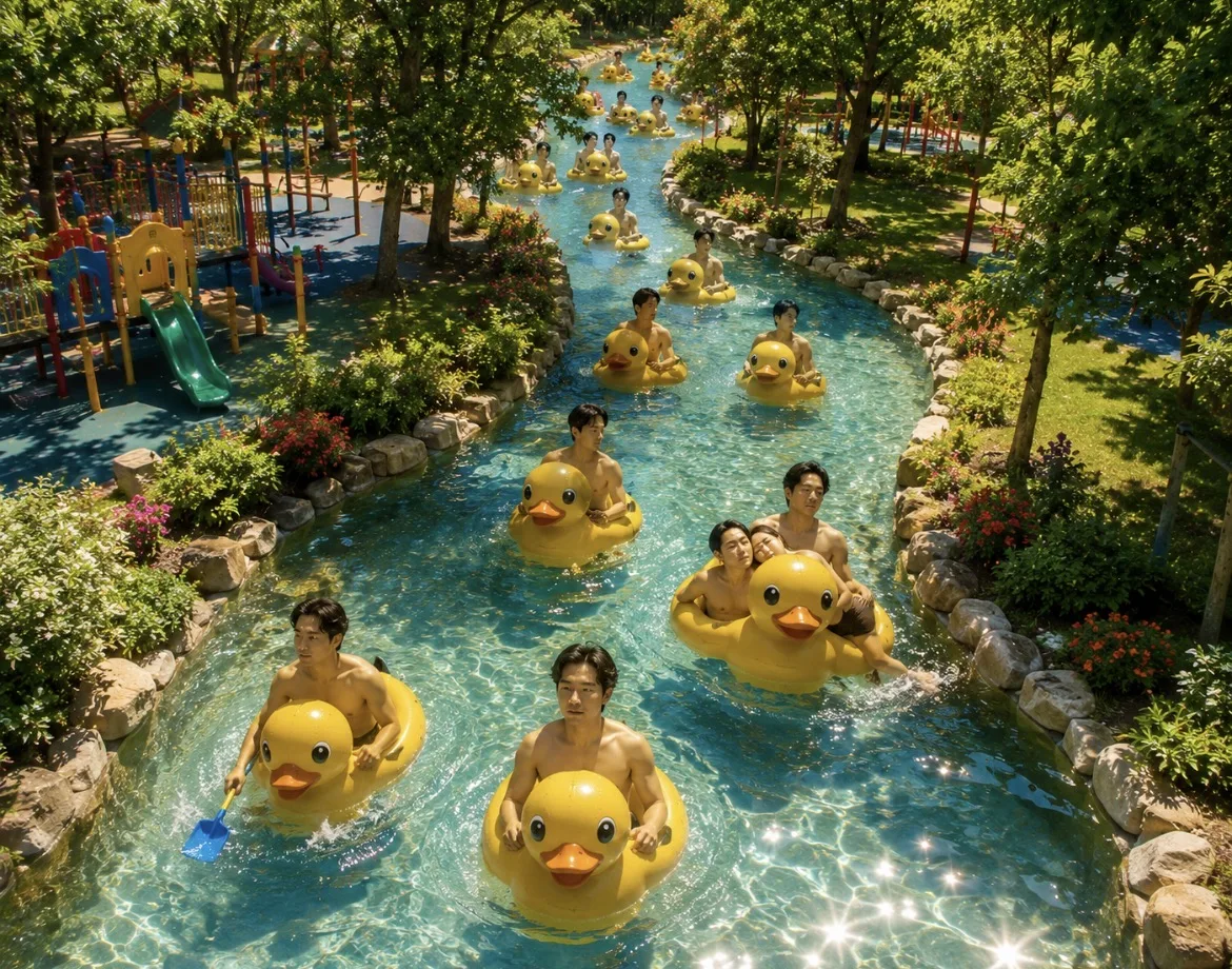 Lazy river with adults floating in Se Yong Park duck rings