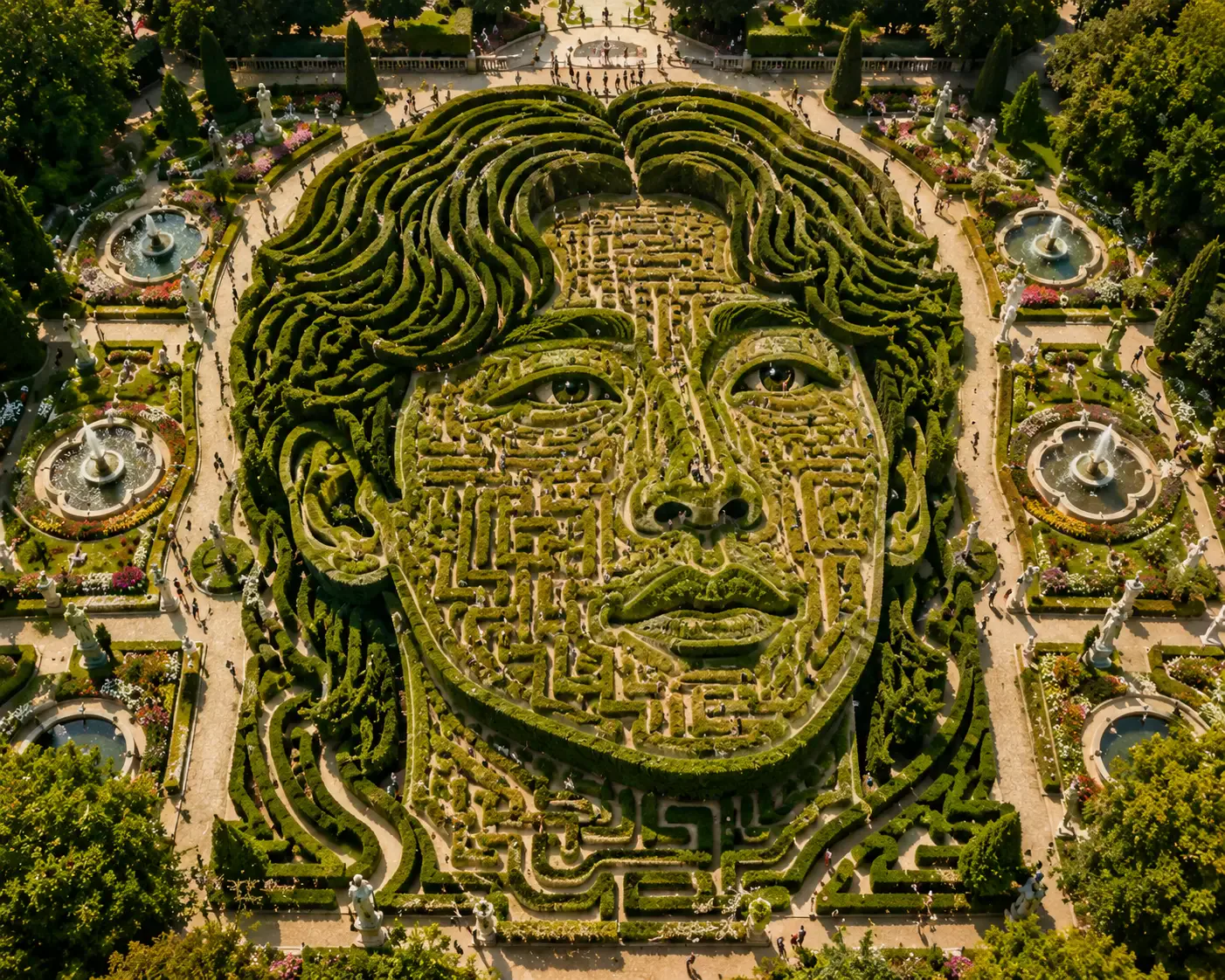 Aerial view of a hedge maze clipped into the shape of Se Yong Park's face